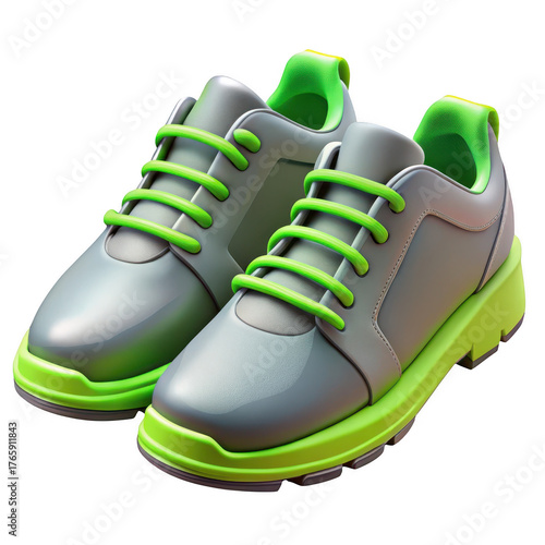 3d gray and neon green running shoes isolated on transparent background