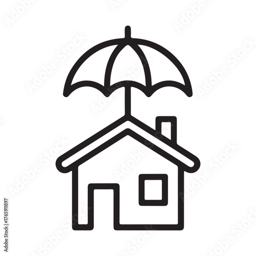 Simple line art icon of a house protected by an umbrella