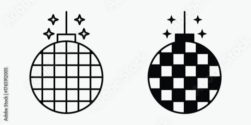 Disco ball icon in minimal outline and solid style on gray background. Vector symbol for dance party, nightlife, celebration, and festive lighting perfect for event or entertainment design.