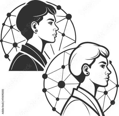 Simple linear vector icon representing connection between two people. Icon of two people with lightning symbolizing conflict or disagreement - Concept of simple linear vector icon