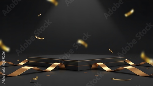 Black podium with gold ribbon and falling confetti under spotlight stage platform