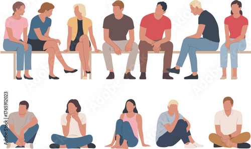 Flat minimalist illustration of diverse people sitting together, teamwork communication concept, group meeting, collaboration, business community connection, modern lifestyle