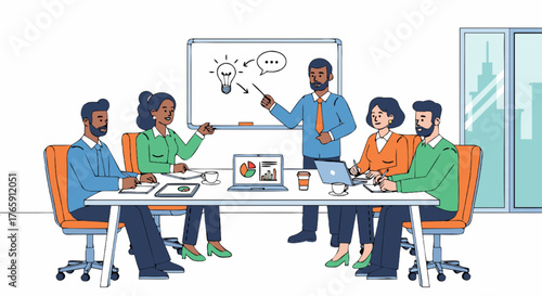 Illustration of a diverse group of professionals collaborating in a modern office meeting room, brainstorming ideas on a whiteboard with engaging visuals