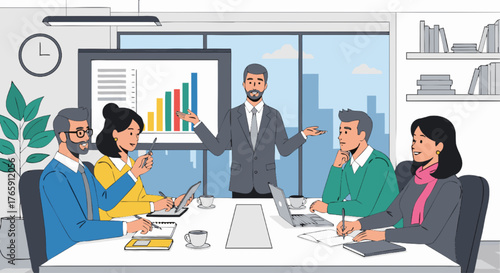 Business meeting where a leader presents financial growth chart on screen to his team in a conference room, highlighting success and collaboration