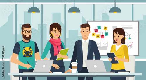 Teamwork and collaboration in a modern office setting, featuring diverse professionals engaged in discussion and project planning, highlighting a positive and productive work environment