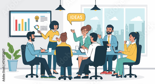 Business meeting illustration featuring a diverse group of professionals collaborating and brainstorming innovative ideas around a conference table, with a presentation chart in the background