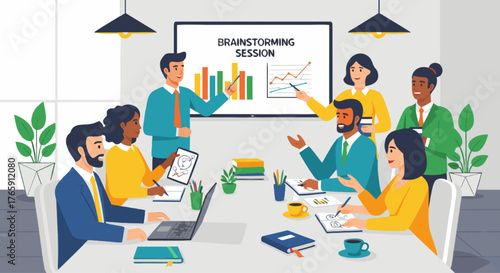 Team of diverse professionals engaged in a collaborative brainstorming session, presenting ideas and data charts on a screen for business development