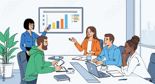 Business meeting in office with diverse team presenting charts and discussing strategy for growth and collaboration