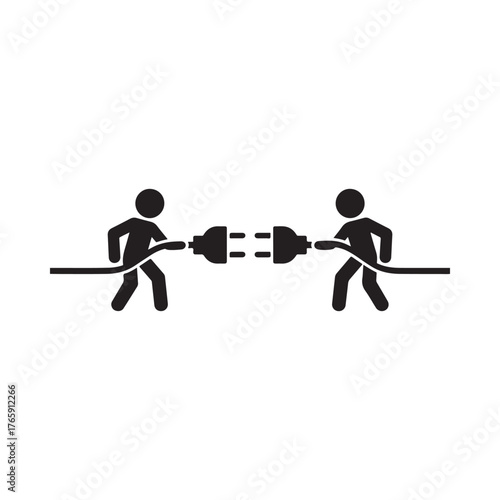 Two stick figures connecting electrical plugs together on white background