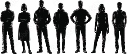 Group of diverse people standing together in a row, black silhouette illustration on white background, teamwork concept, unity diversity collaboration