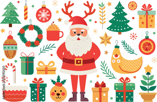 Festive christmas vector bundle santa reindeer trees gifts ornaments icons isolated on transparent background