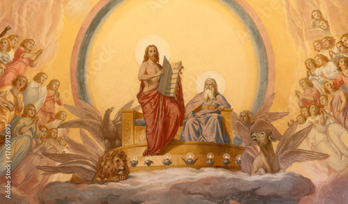 CAVA DE TIRRENI, ITALY - OCTOBER 7, 2025: The fresco of Vision of Apokalypse from St. John - Christ Opens the Book with  in Seven Seals - cupola - Abbazia Santissima Trinita by Vincenzo Morani (1860).