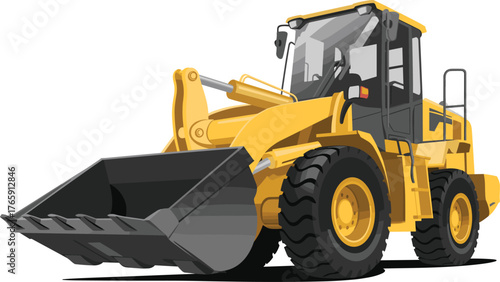 Illustration of yellow wheel loader heavy construction vehicle, industrial machinery for excavation and roadwork, engineering equipment, construction site concept