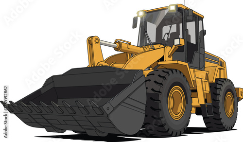 Illustration of yellow wheel loader heavy construction vehicle, industrial machinery for excavation and roadwork, engineering equipment, construction site concept