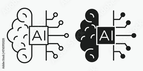 Brain circuit icon in outline and solid style on gray background. Modern vector for digital intelligence, neural connections, computing, and smart technology concepts.