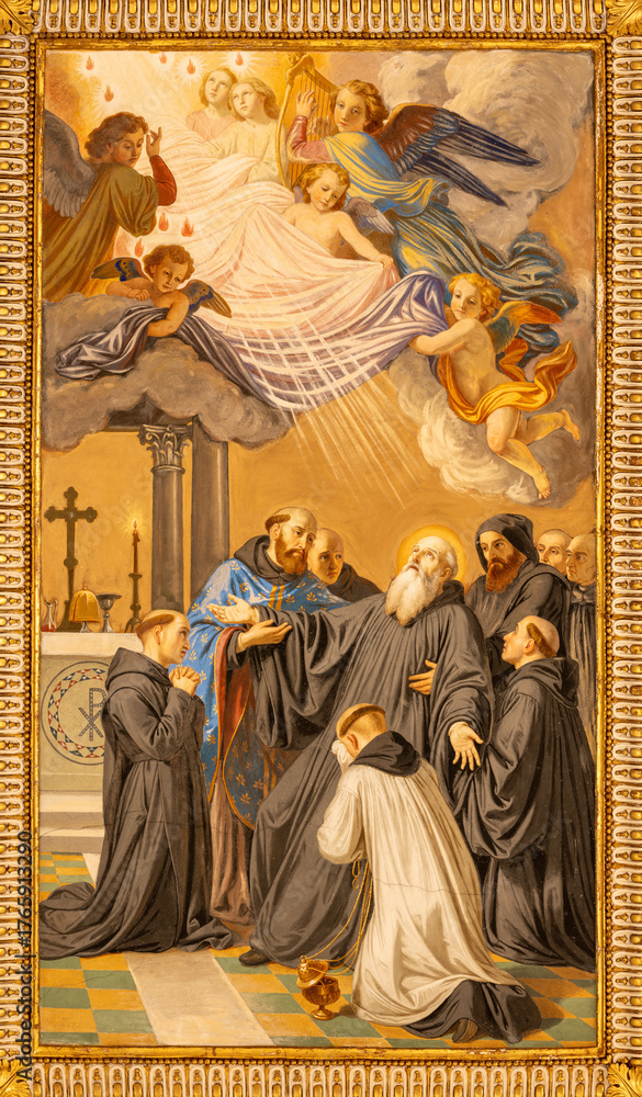 Fototapeta premium CAVA DE TIRRENI, ITALY - OCTOBER 7, 2025: The ceiling fresco of Death of St. Benedict in the church Abbazia Santissima Trinita by Vincenzo Morani (cca 1860).