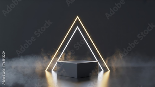 Dark geometric stage with glowing neon triangle and smoke podium platform