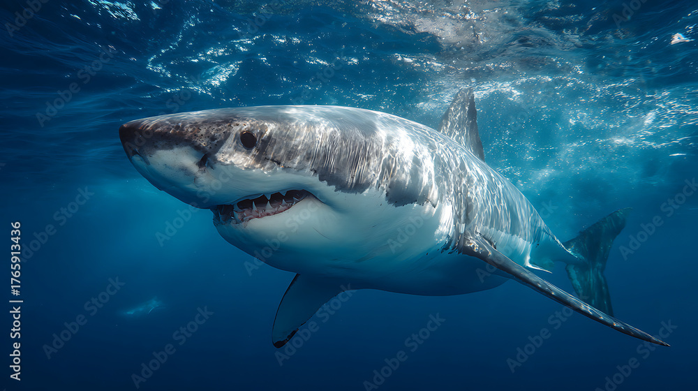 Fototapeta premium Majestic great white shark glides through blue ocean, sunlight dapples its streamlined body in view