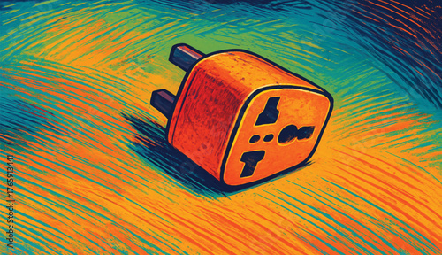 Universal Travel Adapter Plug with UK/Type G Prongs, Set Against a Dynamic, High-Contrast Orange and Teal Woodcut-Style Background Adobe Illustrator Artwork
