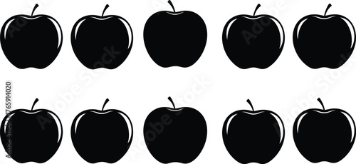 Apple silhouette collection, black and white vector, fruit icon set, simple shape design, educational graphic, healthy food illustration, minimal style
