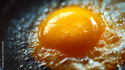 Close-up of a bright egg yolk frying in hot oil, surrounded by bubbles and a glossy, golden surface