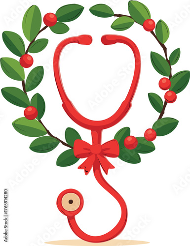 Christmas stethoscope wreath, medical holiday vector