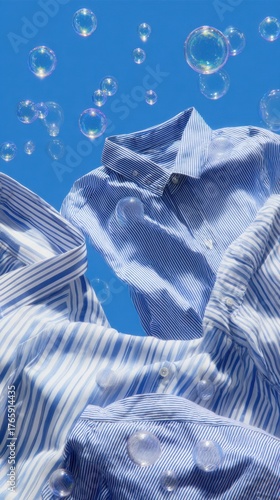 Freshly laundered blue shirts floating amidst colorful soap bubbles against a clear blue sky
