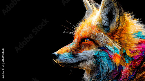 A vibrant multicolored fox head in profile against a solid black background, luminous and bold art!!