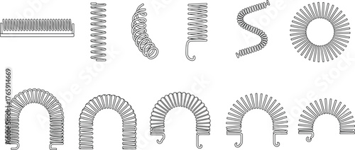 Coil spring silhouettes, black and white vector, mechanical tension icons, compression shapes, engineering components, flexible metal design, industrial element set