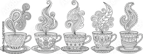 Decorative teacup silhouettes, black and white vector, swirling steam patterns, floral and paisley motifs, elegant line art, artistic beverage design