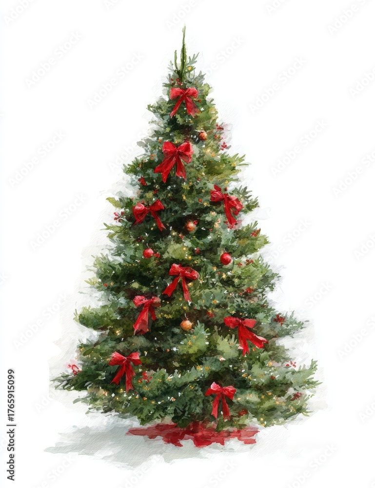 Fototapeta premium A festive Christmas tree adorned with red ribbons and ornaments, perfect for holiday-themed projects, greeting cards, or seasonal dÃ©cor promotions, Ideal for creating a warm, cheerful atmosphere,