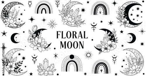 Floral moon silhouettes, celestial vector illustration, black and white design, mystical crescent shapes, stars, crystals, rainbows, astrology symbols, spiritual art