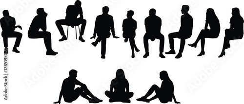 Silhouette of diverse young adults standing together in casual and formal outfits, teamwork concept, modern lifestyle, unity, fashion illustration