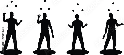 Juggler silhouettes, black and white vector, juggling balls and clubs, performance art poses, circus talent, balance skill, entertainment icon set