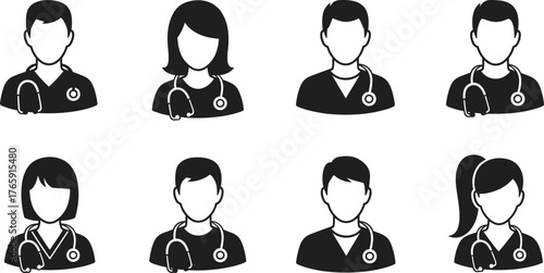 Medical professional silhouettes, black and white vector, doctor and nurse icons, healthcare staff illustration, stethoscope symbol, hospital team design