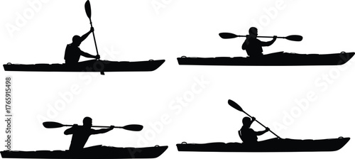 Kayaking silhouette collection, black and white vector, paddling posture icons, water sport design, outdoor activity illustration, adventure motion graphic set