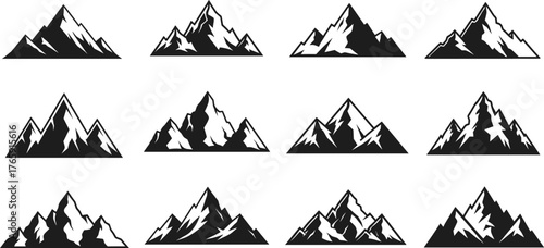 Mountain peak silhouettes, black and white vector, rugged terrain icons, snow-covered summits, outdoor landscape design, minimal graphic elements, nature illustration