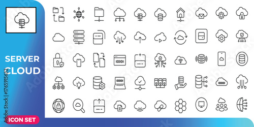Outline icon set for server infrastructure, cloud computing, and data management concepts. This vector collection represents network security and digital technology solutions