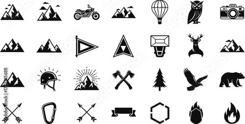Outdoor adventure icon set, black and white vector, mountain, wildlife, gear, camping, nature symbols, travel design elements, hiking graphic collection