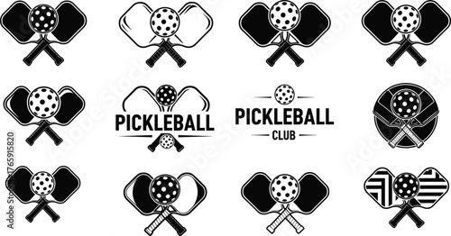 Pickleball logo collection, black and white vector, paddle and ball icons, club emblem designs, sporty branding elements, tournament badge set
