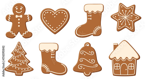 Gingerbread cookies of different shapes for Christmas celebration.