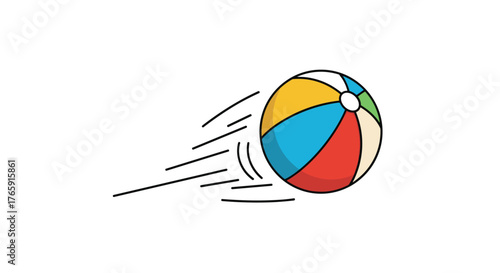 Colorful beach ball in motion, flying through the air.