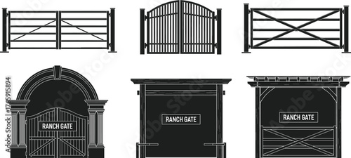 Ranch gate silhouette set, black and white vector, entrance design icons, western fence styles, architectural structure illustration, rural property graphic bundle