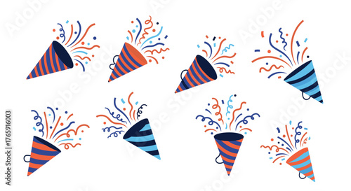 Party poppers celebration festive fun colorful confetti explosion event.