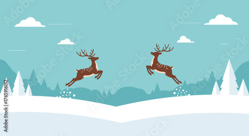 Two deer jumping in winter landscape with snow-covered trees  