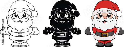 Set of handmade cartoon santa claus outline, black silhouette, red and white flat design isolated on white background.

