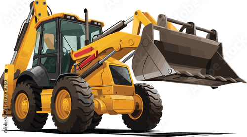 Yellow and black heavy construction loader machine with large bucket and strong tires, industrial equipment for building and excavation work