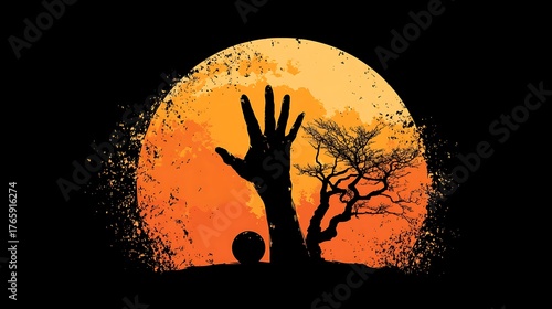 Silhouette of a Raised Hand and Tree Against a Textured Orange Sun halloween Photo