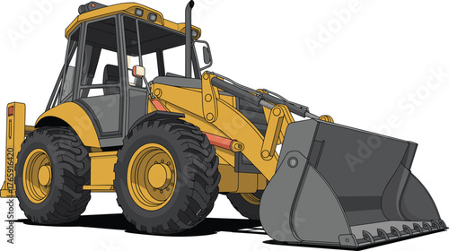 Yellow backhoe loader heavy construction machine with large bucket, industrial vehicle for excavation and roadwork, engineering equipment illustration