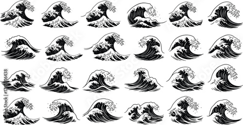 Wave silhouette collection, black and white vector, Japanese-inspired ocean patterns, splash variations, traditional line art, nature motif, dynamic sea design